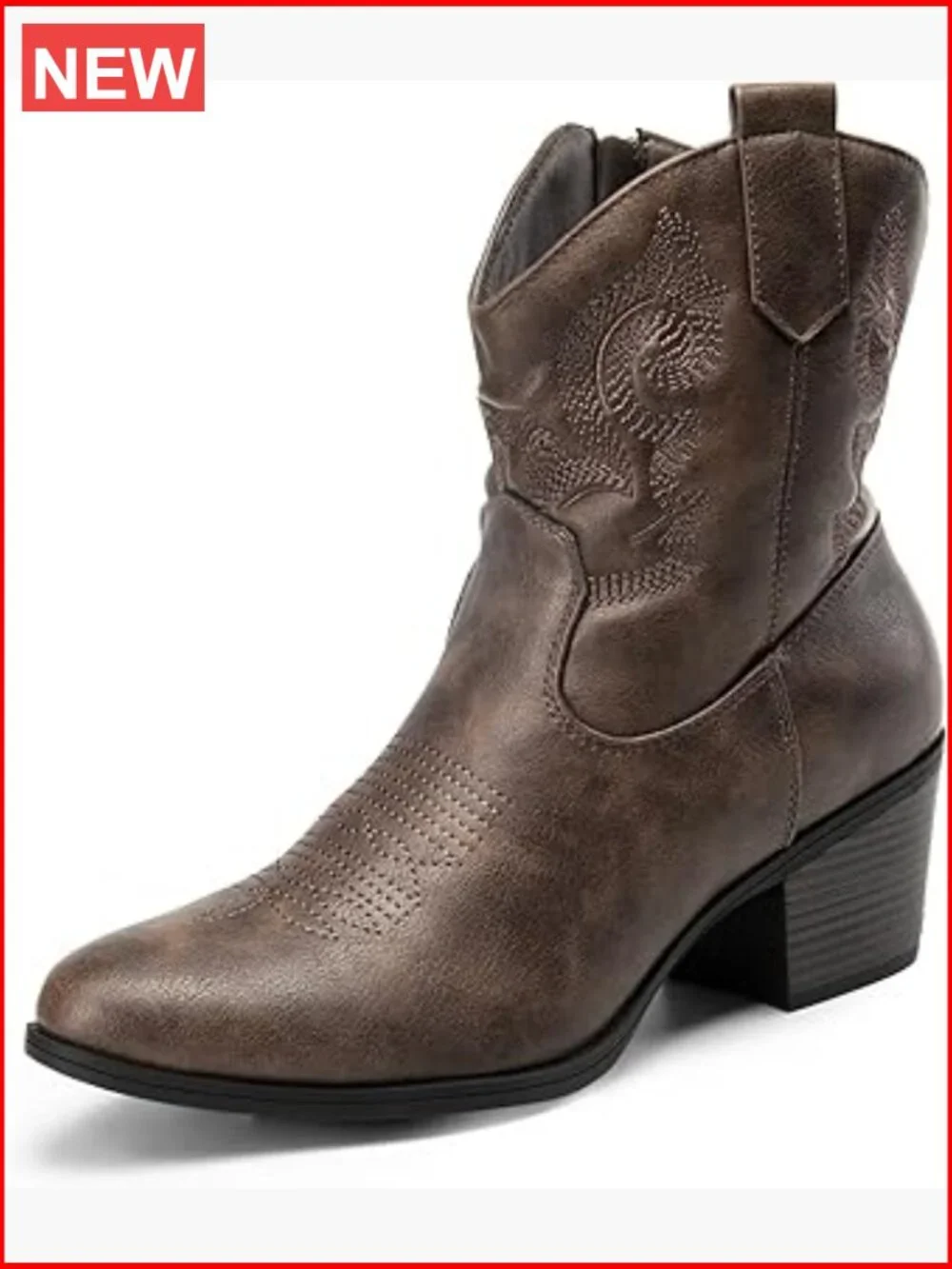 Faux Leather Embroidered Western Ankle Booties Low Chunky Heel - Picture 1 of 7